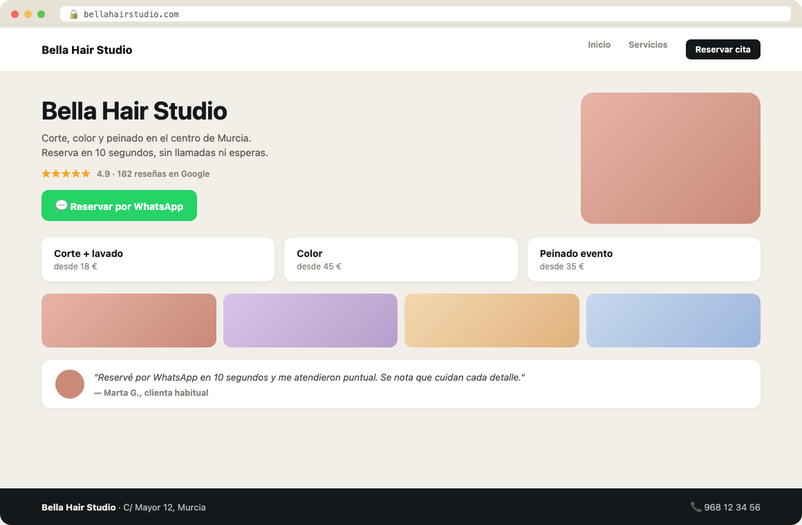 Ejemplo de landing page para Bella Hair Studio