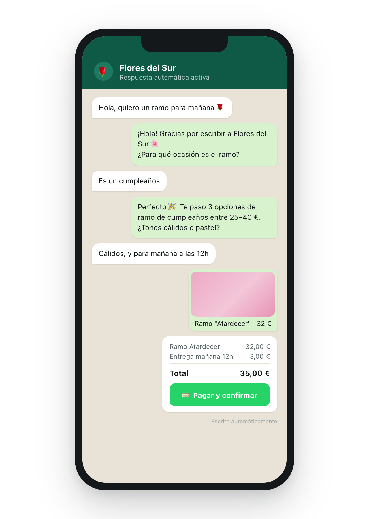 Ejemplo de chatbot de WhatsApp para Flores del Sur