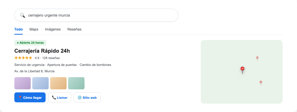 Ejemplo de posicionamiento SEO local para Cerrajería Rápido 24h