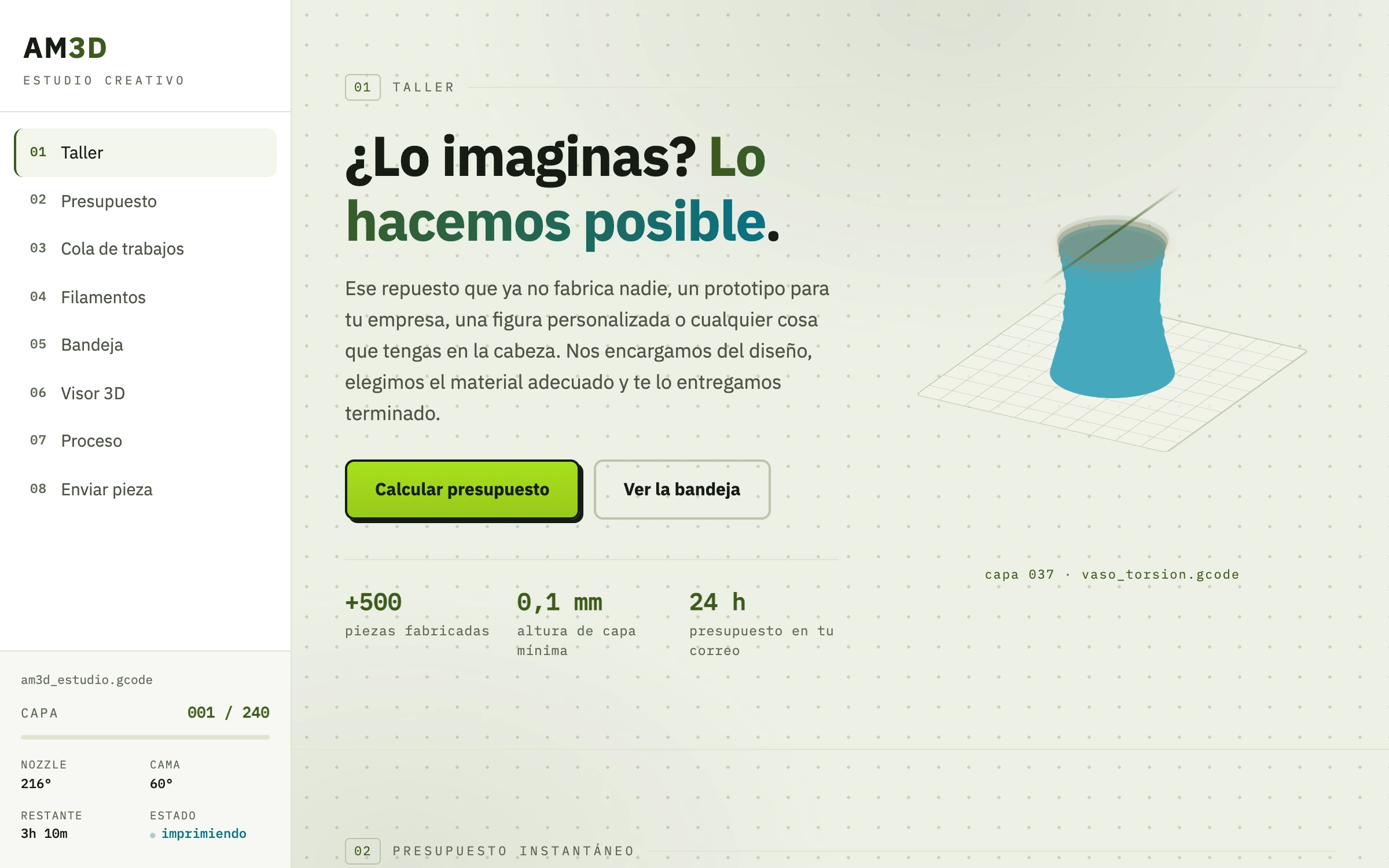 Portada de AM3D Estudio Creativo, con la pieza imprimiéndose capa a capa