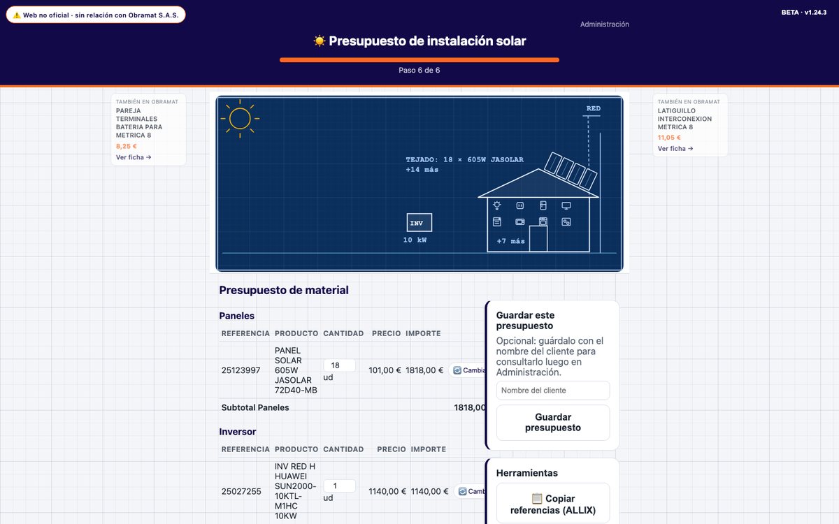 Helio 3 en el paso final: esquema de la vivienda con 18 paneles y el inversor, junto al presupuesto de material con referencias y precios